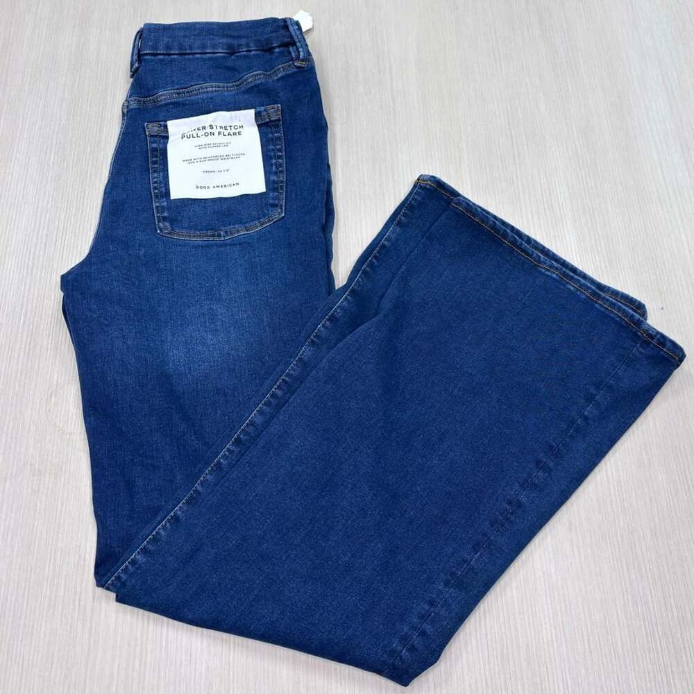 Good American Power Stretch Pull-On Flare Jeans Size L Indigo